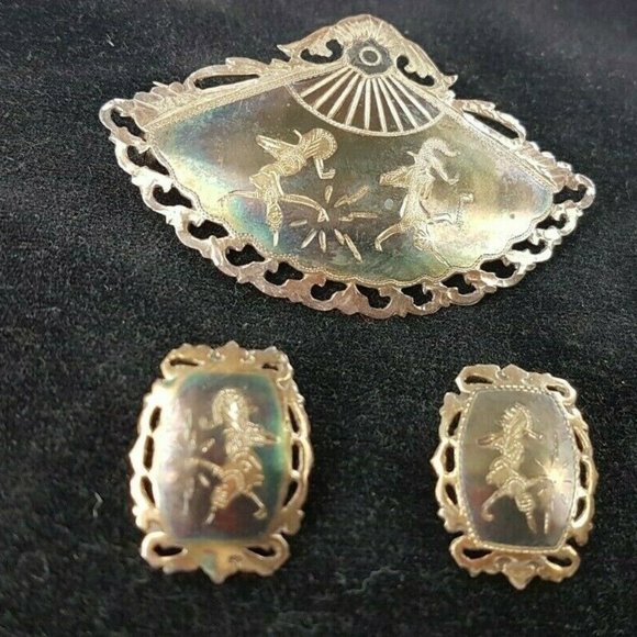 Vintage 925 Sterling Silver Pin/Brooch & Earrings - Picture 1 of 9